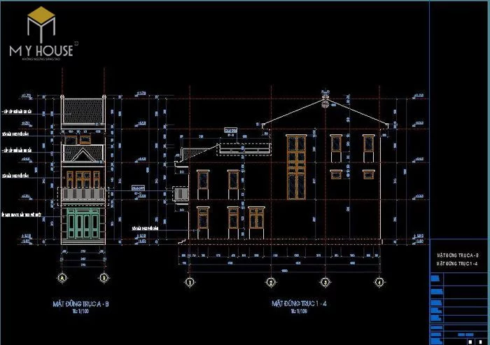 Bản vẽ kiến trúc nhà phố 3,7x16m - V3