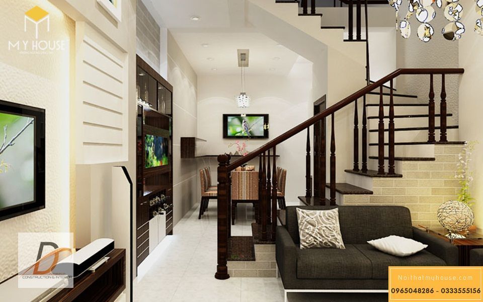 Trang trí phòng khách nhà ống bằng gỗ