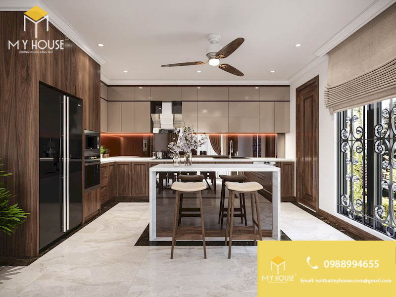 Thiết kế nội thất phòng bếp bếp biệt thự hiện đại gỗ óc chó tuân thủ nghiêm nguyên tắc phong thủy – 02