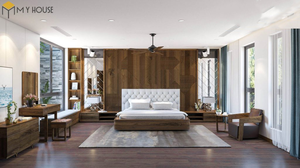 Phòng ngủ với nội thất gỗ óc chó sang trọng
