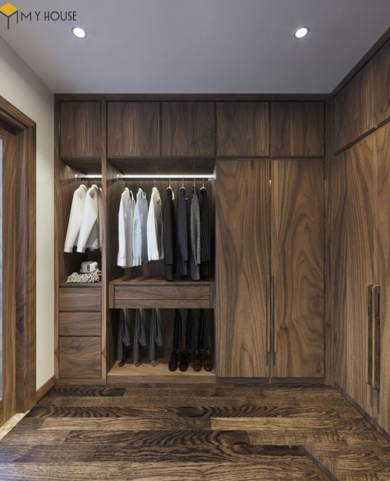 Tủ quần áo trong phòng thay đồ chất liệu gỗ óc chó