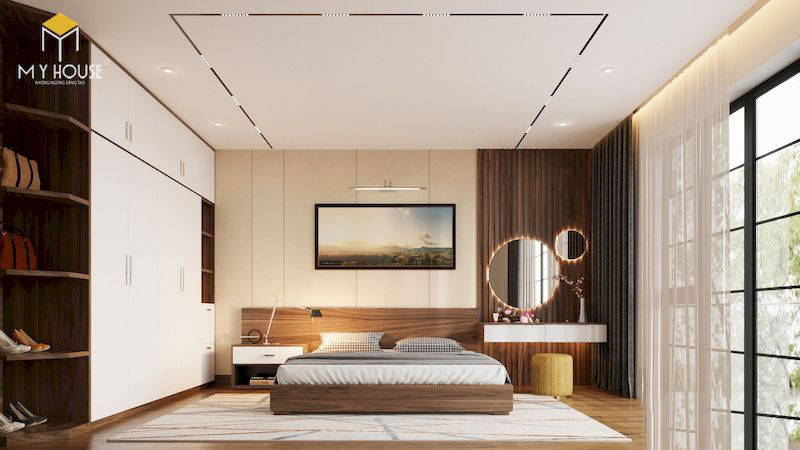 Phòng ngủ gỗ tự nhiên kết hợp với nội thất gỗ công nghiệp phủ laminate