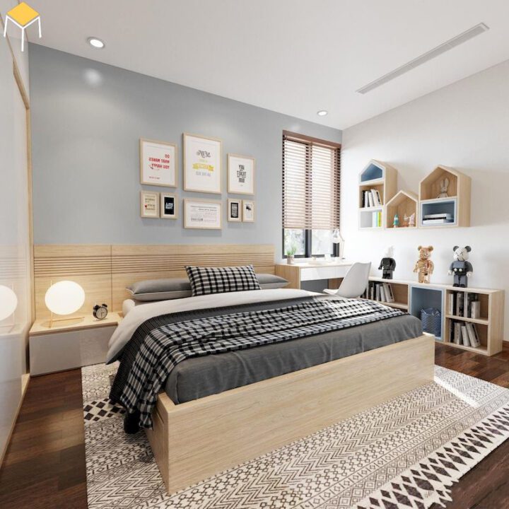 Thiết kế nội thất biệt thự liền kề The Manor Central Park – Phòng ngủ nam thiết kế đơn giản với chất liệu gỗ sồi