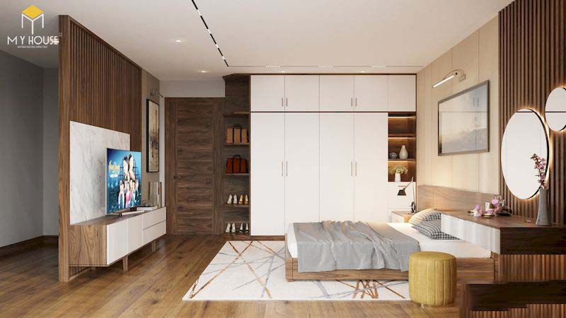 Thiết kế nội thất biệt thự Xanh Villa – phòng ngủ gỗ óc chó