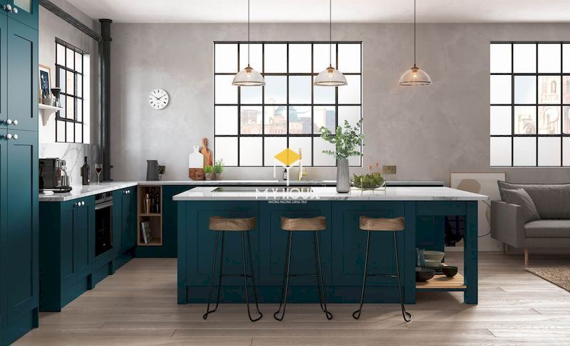 Tủ bếp màu xanh đẹp cho chung cư