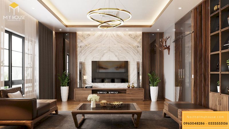 Thiết kế hoàn thiện nội thất phòng khách gỗ óc chó
