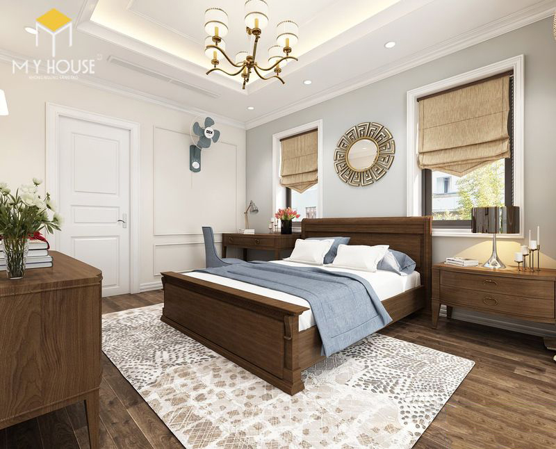 Thiết kế nội thất biệt thự Louis City Hoàng Mai – Thiết kế phòng ngủ gỗ óc chó