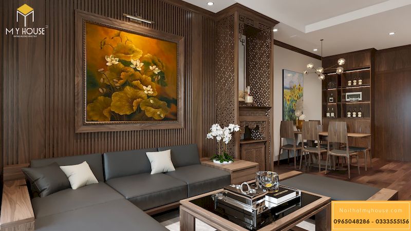 Thiết kế nội thất chung cư Grandeur Palace - phòng khách gỗ óc chó