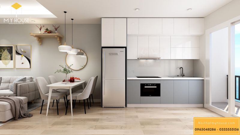 Thiết kế nội thất chung cư Sunshine Garden với tủ bếp chữ I gỗ công nghiệp chống ẩm phủ laminate