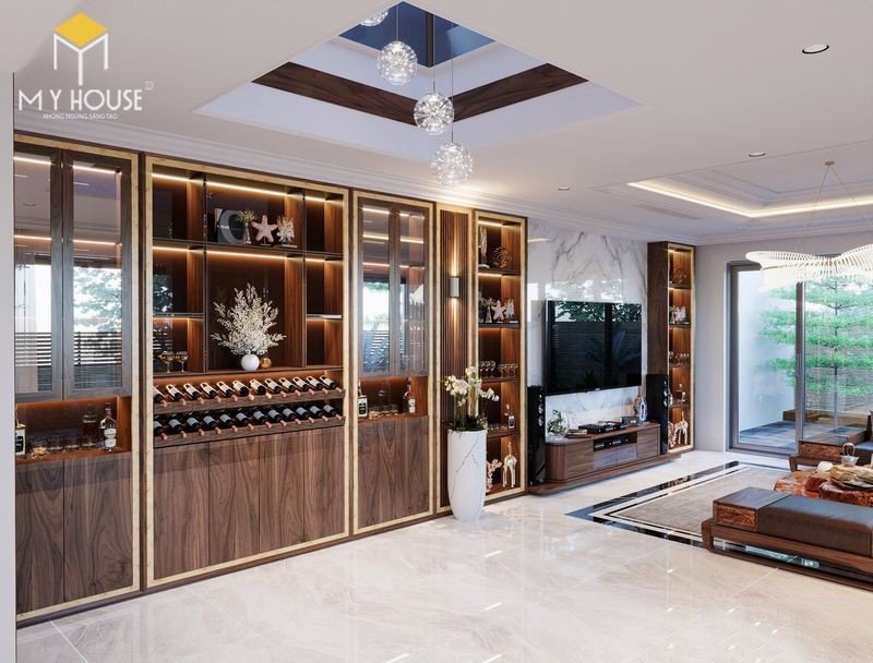 Thiết kế nội thất biệt thự Ngoại Giao Đoàn – Tủ rượu kịch trần, hệ tủ trang trí gỗ tự nhiên