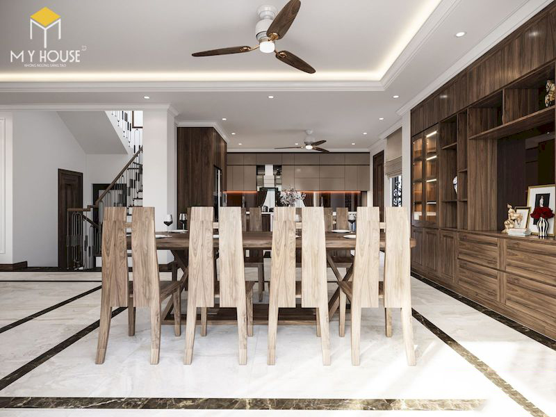 Phòng ăn gỗ tự nhiên sang trọng tân cổ điển được thiết kế đối xứng trong không gian