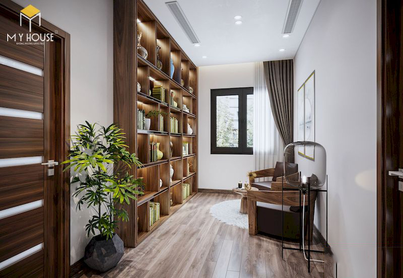 Thiết kế nội thất nhà liền kề Ecopark – Phòng đọc sách đơn giản với cây xanh trang trí