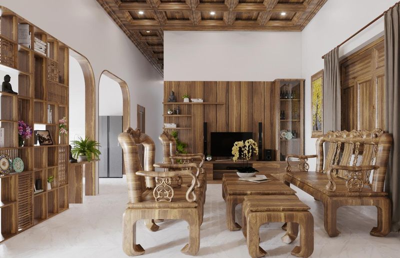 Thiết kế nội thất phòng khách nhà mái thái gỗ hương - mẫu 09