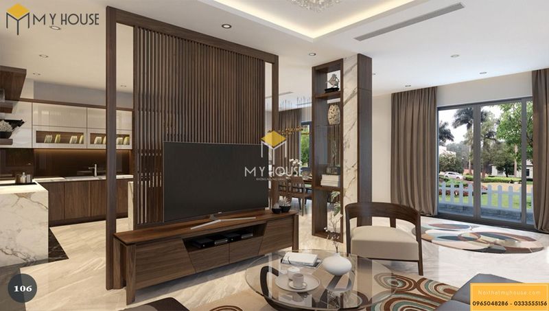 Thiết kế vách tivi phòng khách kiêm vách ngăn không gian