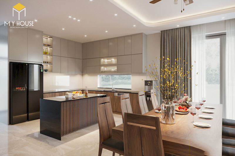Thiết kế nội thất biệt thự hiện đại gỗ tự nhiên – Phòng bếp cao cấp chữ L
