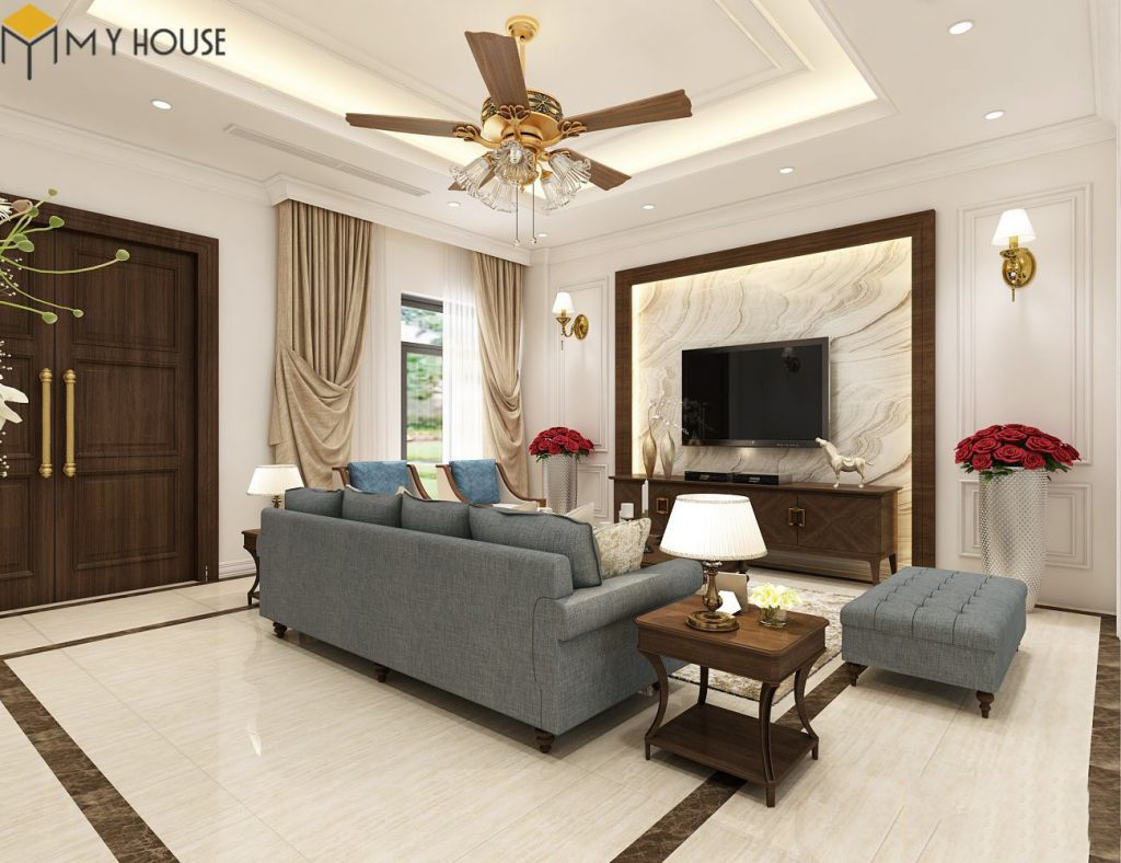 Mẫu thiết kế nội thất phòng khách hiện đại pha tân cổ điển – View 3